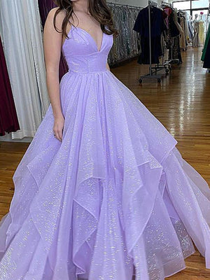 A Line V Neck Shiny Purple Long Prom Dresses, Shiny Purple Long Formal Evening Dresses