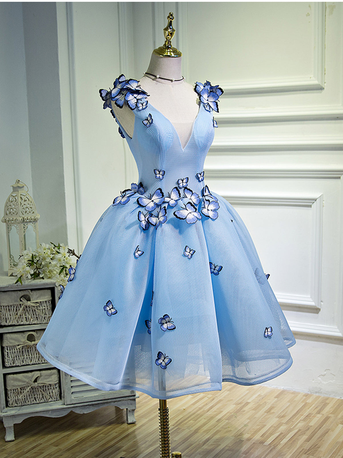 A Line V Neck Short Blue Prom Dresses With Butterfly, Short Blue Formal Homecoming Dresses, US 16 / Custom Color / With Rush+$19.99 A Line V Neck Short Blue Prom Dresses With Butterfly, Short Blue Formal Homecoming Dresses, US 16 / Custom Color / With Rush+$19.99