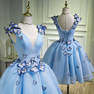 A Line V Neck Short Blue Prom Dresses with Butterfly, Short Blue Formal Homecoming Dresses