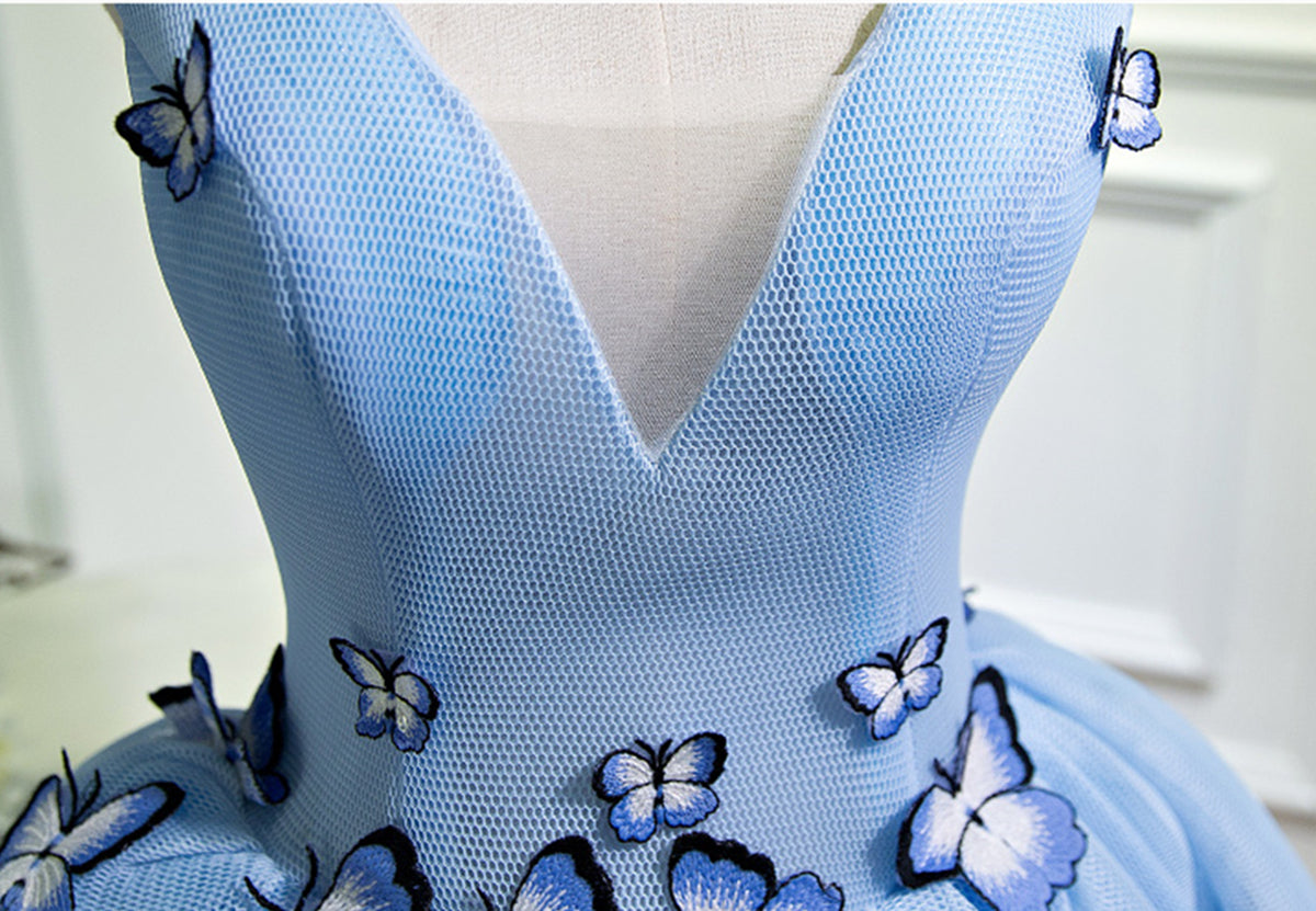 A Line V Neck Short Blue Prom Dresses with Butterfly, Short Blue Forma - shegown A Line V Neck Short Blue Prom Dresses with Butterfly, Short Blue Forma - shegown