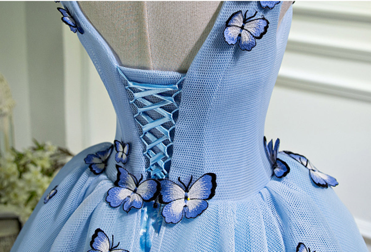 A Line V Neck Short Blue Prom Dresses with Butterfly, Short Blue Forma - shegown A Line V Neck Short Blue Prom Dresses with Butterfly, Short Blue Forma - shegown