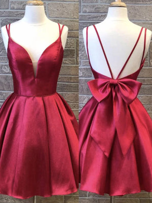 A Line V Neck Short Burgundy Backless Prom Dresses, Short Wine Red Formal Homecoming Dresses