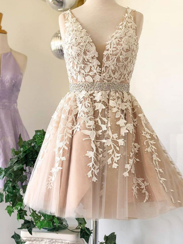 A Line V Neck Short Champagne Lace Wedding Dresses, Short Champagne Lace Formal Prom Dresses, Custom Size / Custom Color / No Rush A Line V Neck Short Champagne Lace Wedding Dresses, Short Champagne Lace Formal Prom Dresses, Custom Size / Custom Color / No Rush
