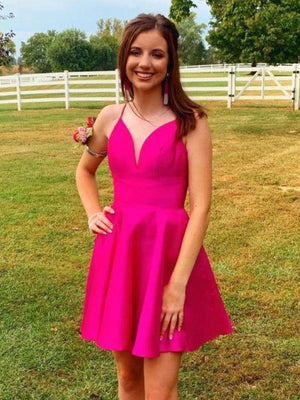 A Line V Neck Short Hot Pink Prom Dresses, Short Hot Pink Formal Homecoming Dresses