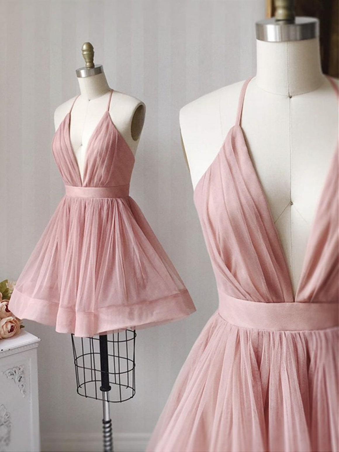 A Line V Neck Short Pink Prom Dresses, Short Pink V Neck Graduation Homecoming Dresses