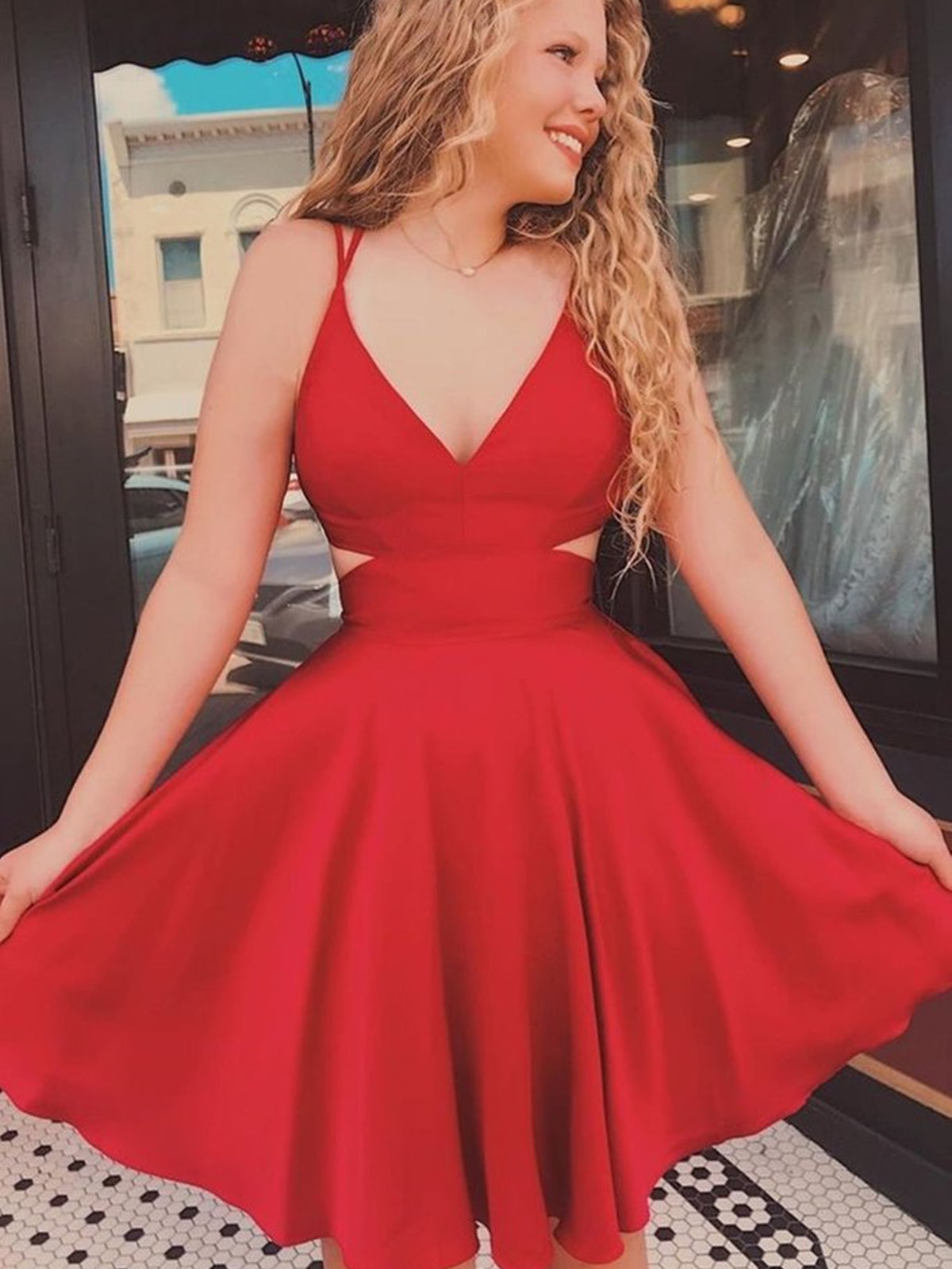 A Line V Neck Short Red Prom Dresses, Short Red Homecoming Graduation - shegown A Line V Neck Short Red Prom Dresses, Short Red Homecoming Graduation - shegown