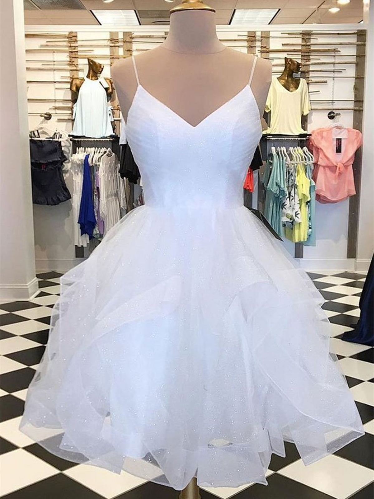 A Line V Neck Short White Prom Dresses, Short White Lace Formal Homeco - shegown A Line V Neck Short White Prom Dresses, Short White Lace Formal Homeco - shegown