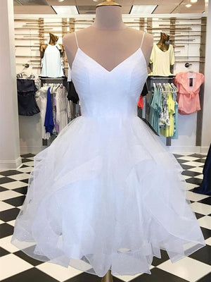 A Line V Neck Short White Prom Dresses, Short White Lace Formal Homecoming Dresses