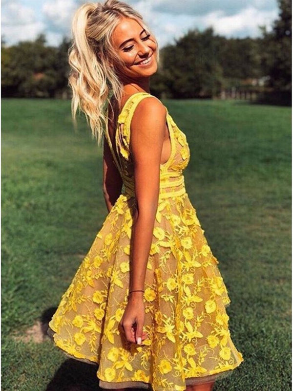 A Line V Neck Short Yellow Lace Prom Dresses, Short Yellow Lace Formal Homecoming Dresses, US 14 / Custom Color / No Rush