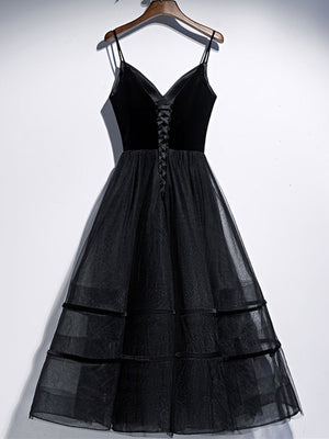A Line V Neck Tea Length Black Velvet Prom Dresses, Black Tea Length Graduation Homecoming Dresses