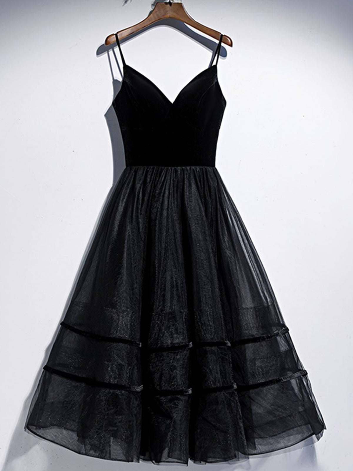 A Line V Neck Tea Length Black Velvet Prom Dresses, Black Tea Length Graduation Homecoming Dresses A Line V Neck Tea Length Black Velvet Prom Dresses, Black Tea Length Graduation Homecoming Dresses