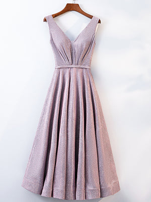 A Line V Neck Tea Length Gray/Pink Prom Dresses, Shiny Gray/Pink Tea Length Formal Evening Dresses