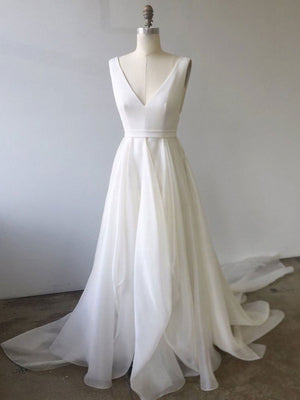 A Line V Neck White Wedding Dresses, White V Neck Prom Formal Evening Dresses