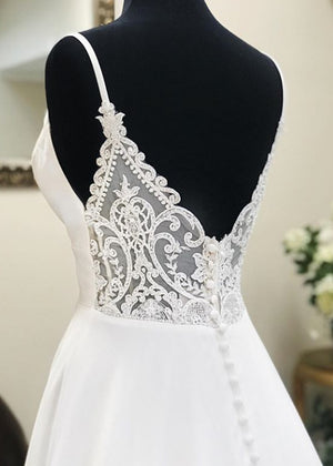 A Line V Neck White Wedding Dresses with Sweep Train, White Formal Evening Prom Dresses