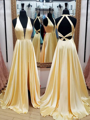 A Line V Neck Yellow Satin Long Prom Dresses, V Neck Backless Yellow Formal Evening Dresses