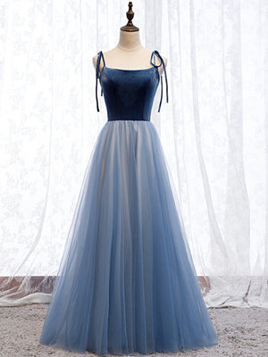 A Line Sleeveless Floor Length Blue Prom Dresses, Blue Long Formal Bridesmaid Evening Dresses