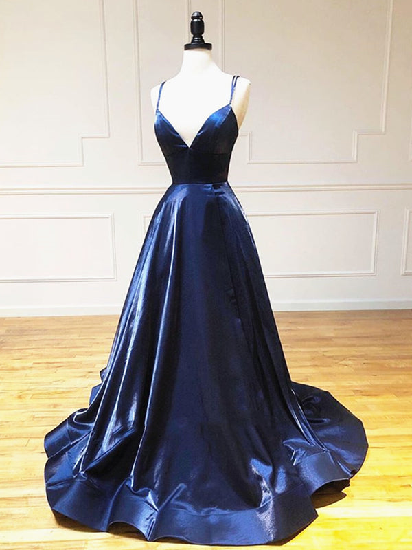 A Line V Neck Backless Dark Navy Blue Prom Dresses, Open Back Navy Blue Formal Evening Dresses, US 14 / Custom Color / No Rush