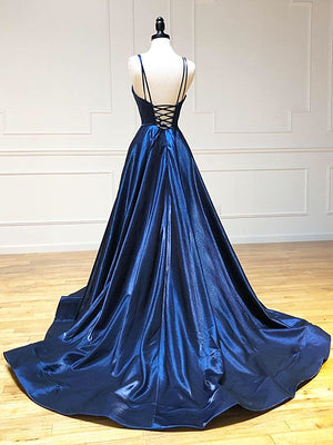 A Line V Neck Backless Dark Navy Blue Prom Dresses, Open Back Navy Blue Formal Evening Dresses