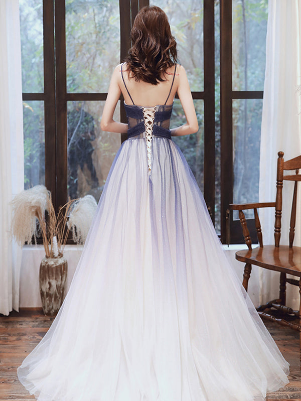 A Line V Neck Blue Ombre Long Prom Dress With Corset Back, Ombre Blue Formal Evening Dresses, US 4 / With Rush+$19.99 A Line V Neck Blue Ombre Long Prom Dress With Corset Back, Ombre Blue Formal Evening Dresses, US 4 / With Rush+$19.99
