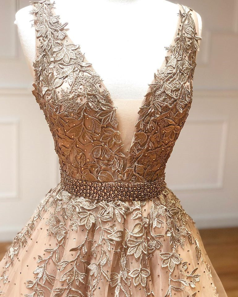 A Line V Neck Champagne Lace Prom Dresses, V Neck Champagne Lace Forma -  shegown