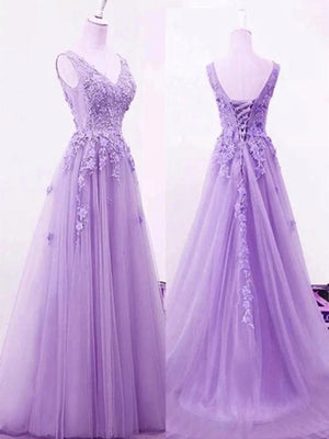 A Line V Neck Purple Lace Prom Dresses, Purple Lace Long Formal Bridesmaid Dresses