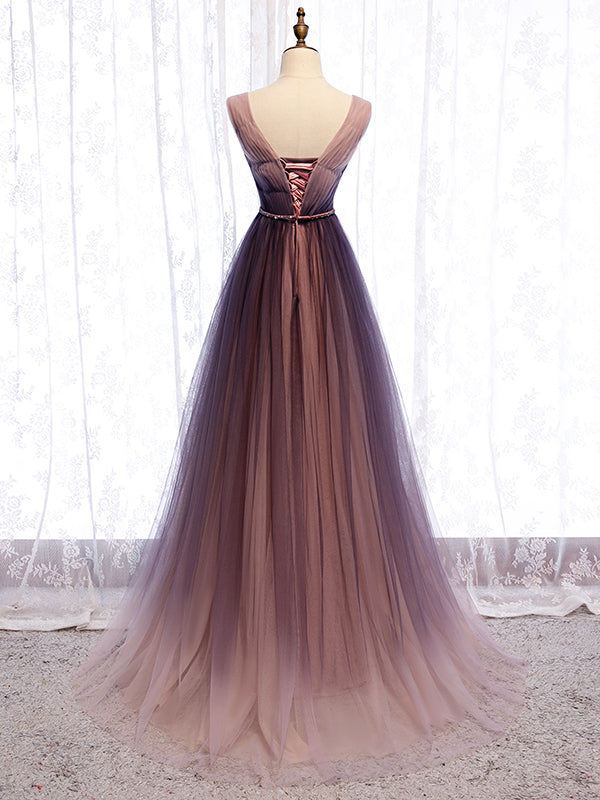 A Line V Neck Purple Ombre Prom Dresses, V Neck Purple Ombre Formal Evening Bridesmaid Dresses, US 8 / With Rush+$19.99