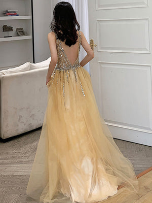 A Line V Neck Yellow Backless Long Prom Dresses, Open Back Yellow Long Formal Evening Dresses 4