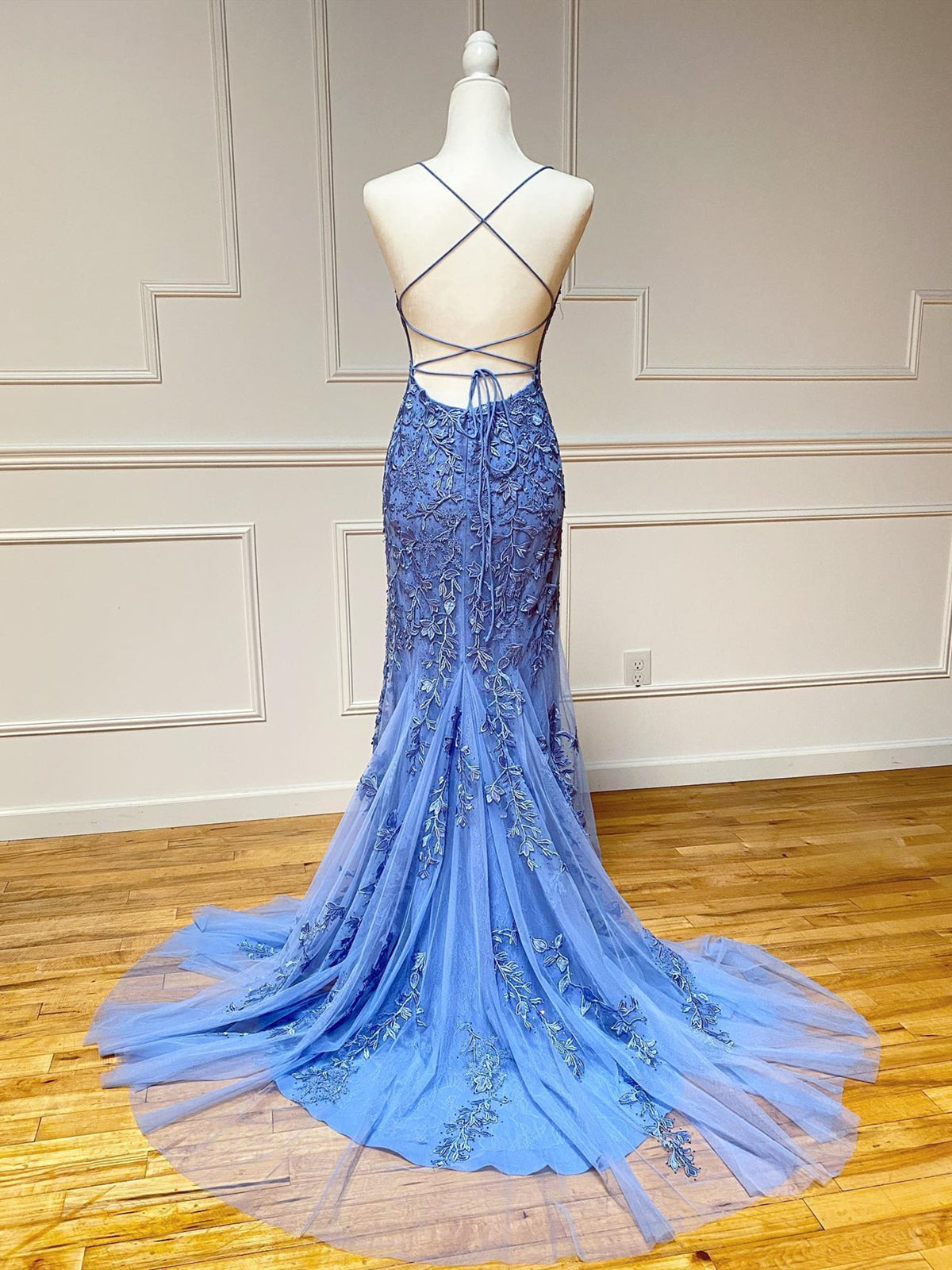 Backless Blue Lace Mermaid Prom Dresses, Open Back Lace Mermaid Formal - shegown Backless Blue Lace Mermaid Prom Dresses, Open Back Lace Mermaid Formal - shegown