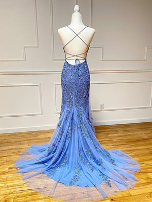 Backless Blue Lace Mermaid Prom Dresses, Open Back Lace Mermaid Formal Evening Dresses