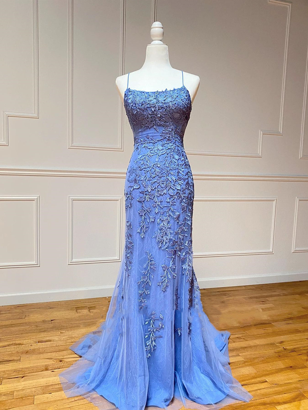 Backless Blue Lace Mermaid Prom Dresses, Open Back Lace Mermaid Formal - shegown Backless Blue Lace Mermaid Prom Dresses, Open Back Lace Mermaid Formal - shegown