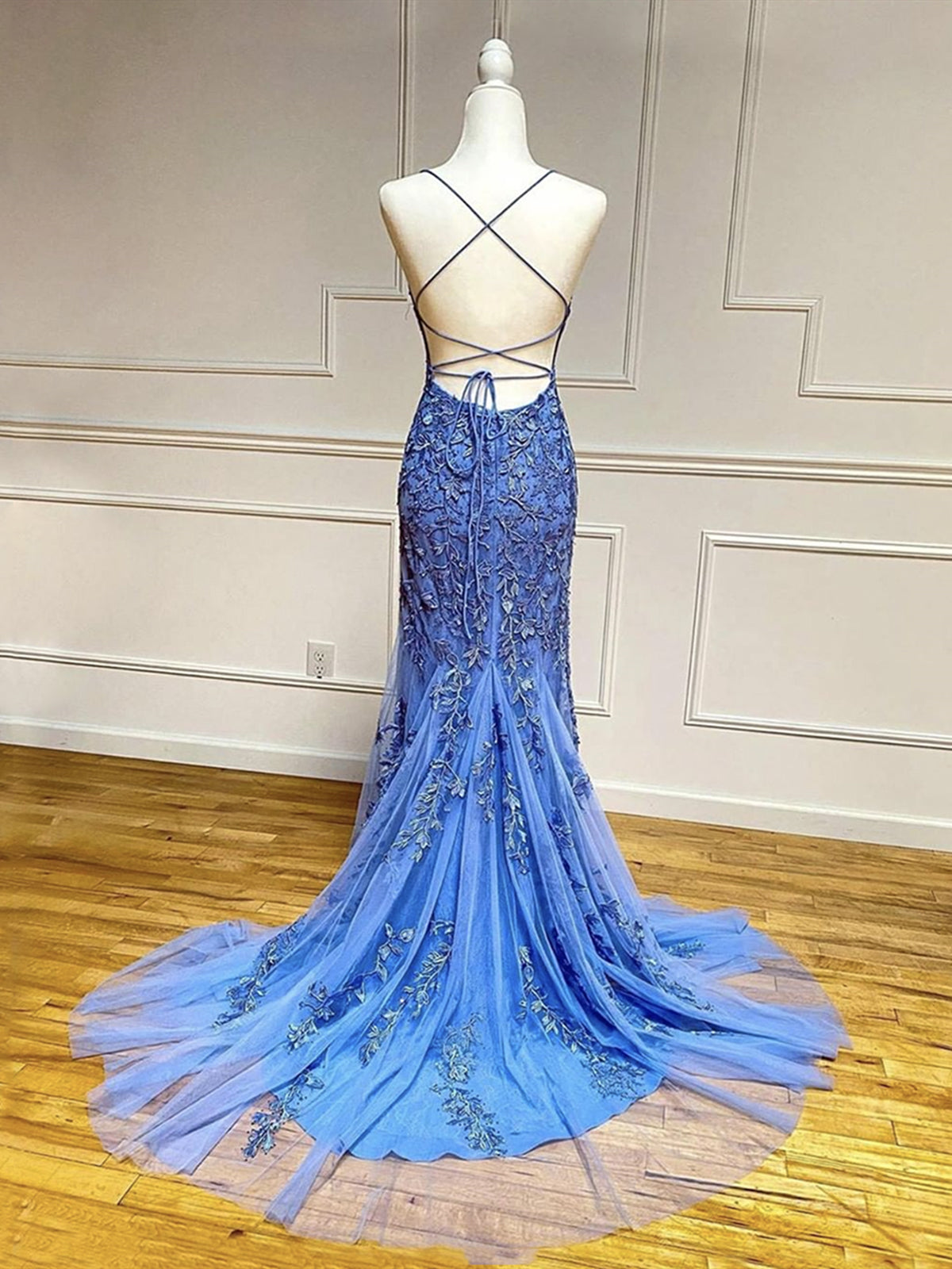 Backless Blue Lace Prom Dresses, Open Back Blue Lace Formal Graduation - shegown Backless Blue Lace Prom Dresses, Open Back Blue Lace Formal Graduation - shegown