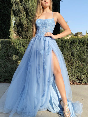 Backless Blue Lace Prom Dresses, Open Back Light Blue Lace Formal Graduation Dresses, US 2 / Blue as Pics / No Rush