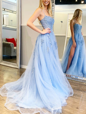 Backless Blue Lace Prom Dresses, Open Back Light Blue Lace Formal Graduation Dresses