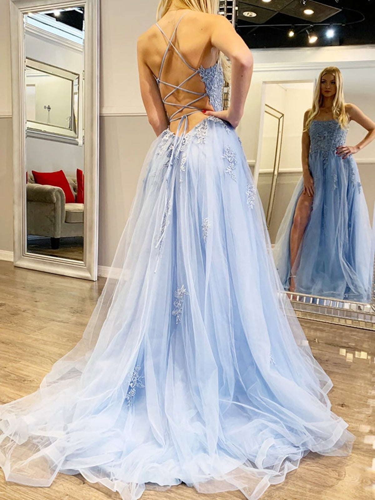 Backless Blue Lace Prom Dresses, Open Back Light Blue Lace Formal Graduation Dresses Backless Blue Lace Prom Dresses, Open Back Light Blue Lace Formal Graduation Dresses