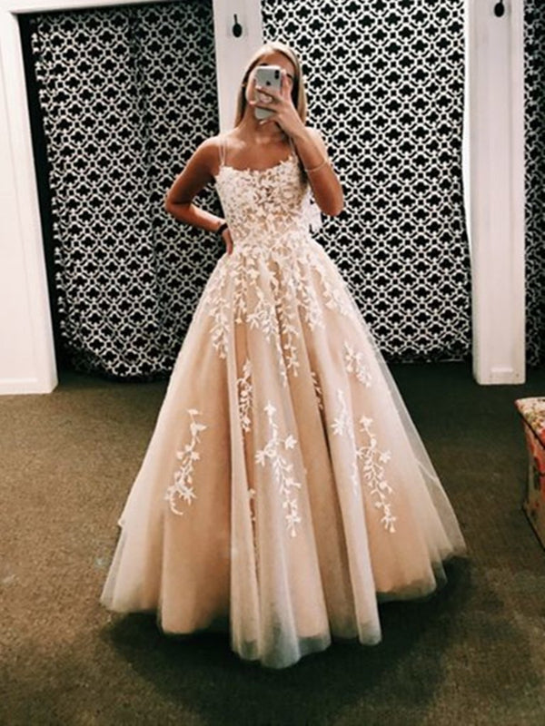 Backless Champagne Lace Long Prom Dresses, Open Back Champagne Lace Formal Wedding Dresses
