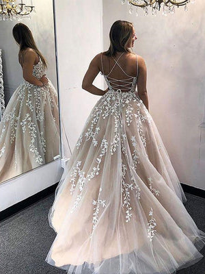 Backless Champagne Lace Prom Dresses, Open Back Champagne Lace Formal Graduation Dresses
