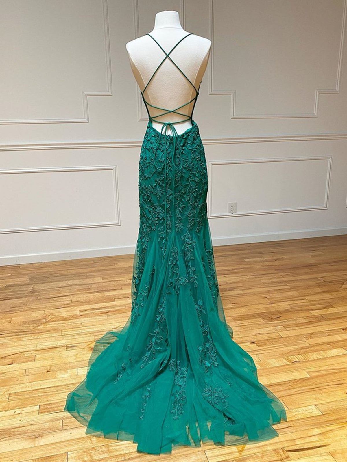 Backless Green Lace Mermaid Prom Dresses, Open Back Mermaid Lace Forma - shegown Backless Green Lace Mermaid Prom Dresses, Open Back Mermaid Lace Forma - shegown