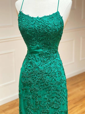 Backless Green Lace Mermaid Prom Dresses, Open Back Mermaid Lace Formal Evening Dresses