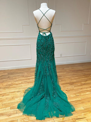 Backless Green Mermaid Lace Prom Dresses, Open Back Green Lace Mermaid Formal Evening Dresses