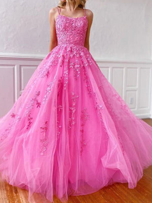 Backless Hot Pink Lace Prom Dresses, Open Back Hot Pink Lace Formal Evening Dresses