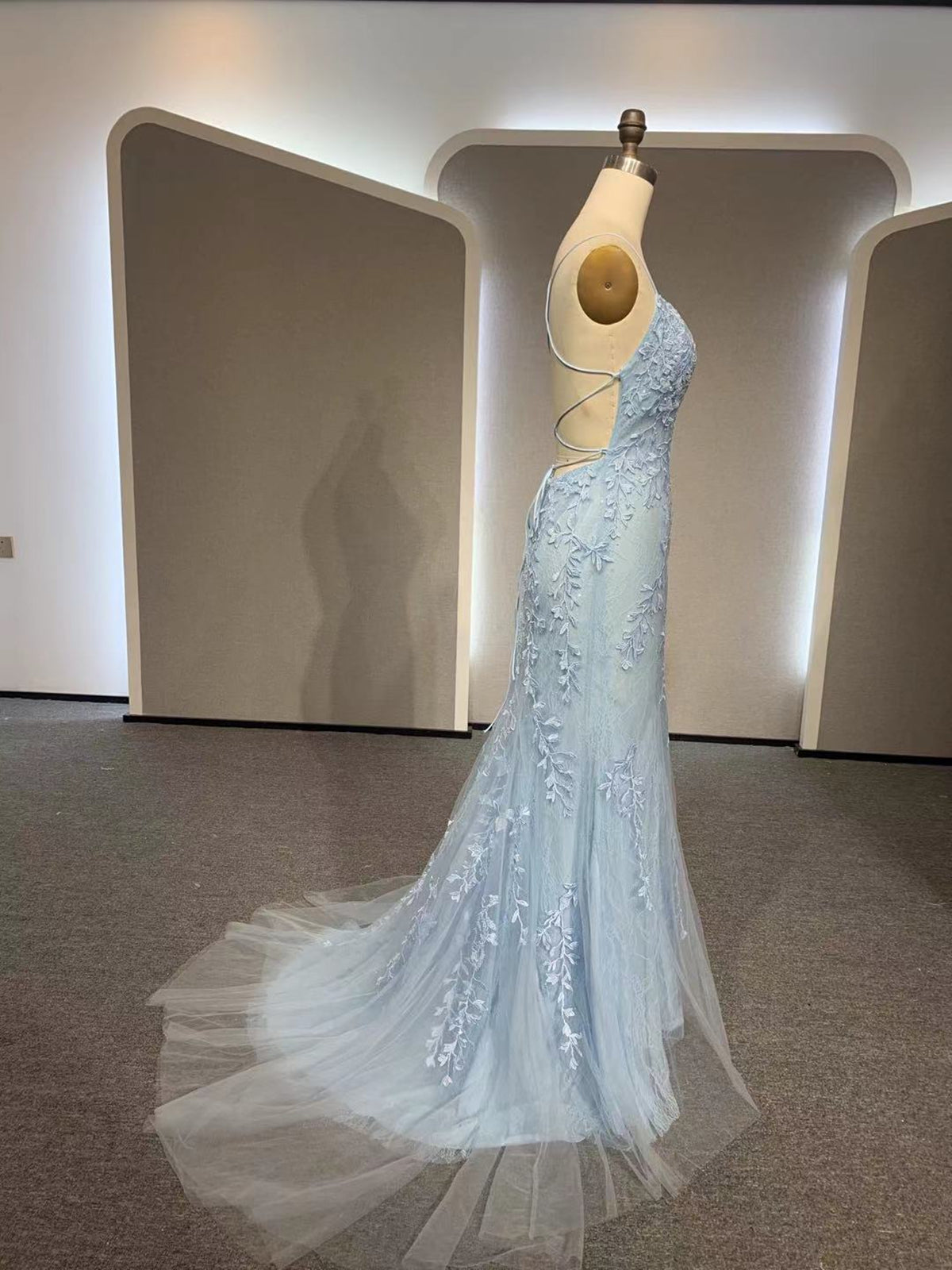 Backless Light Blue Lace Prom Dresses, Open Back Light Blue Lace Forma