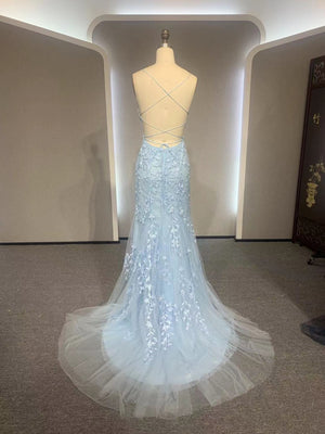 Backless Light Blue Lace Prom Dresses, Open Back Light Blue Lace Formal Evening Dresses