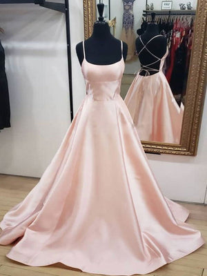 Backless Pink Satin Long Prom Dresses, Open Back Pink Satin Formal Graduation Dresses