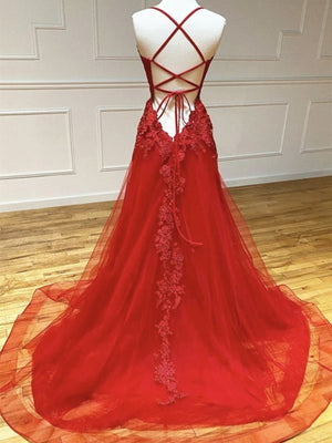 Backless Red Lace Prom Dresses, Open Back Red Lace Formal Evening Dresses