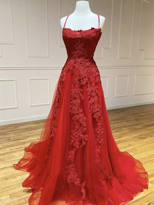 Backless Red Lace Prom Dresses, Open Back Red Lace Formal Evening Dresses