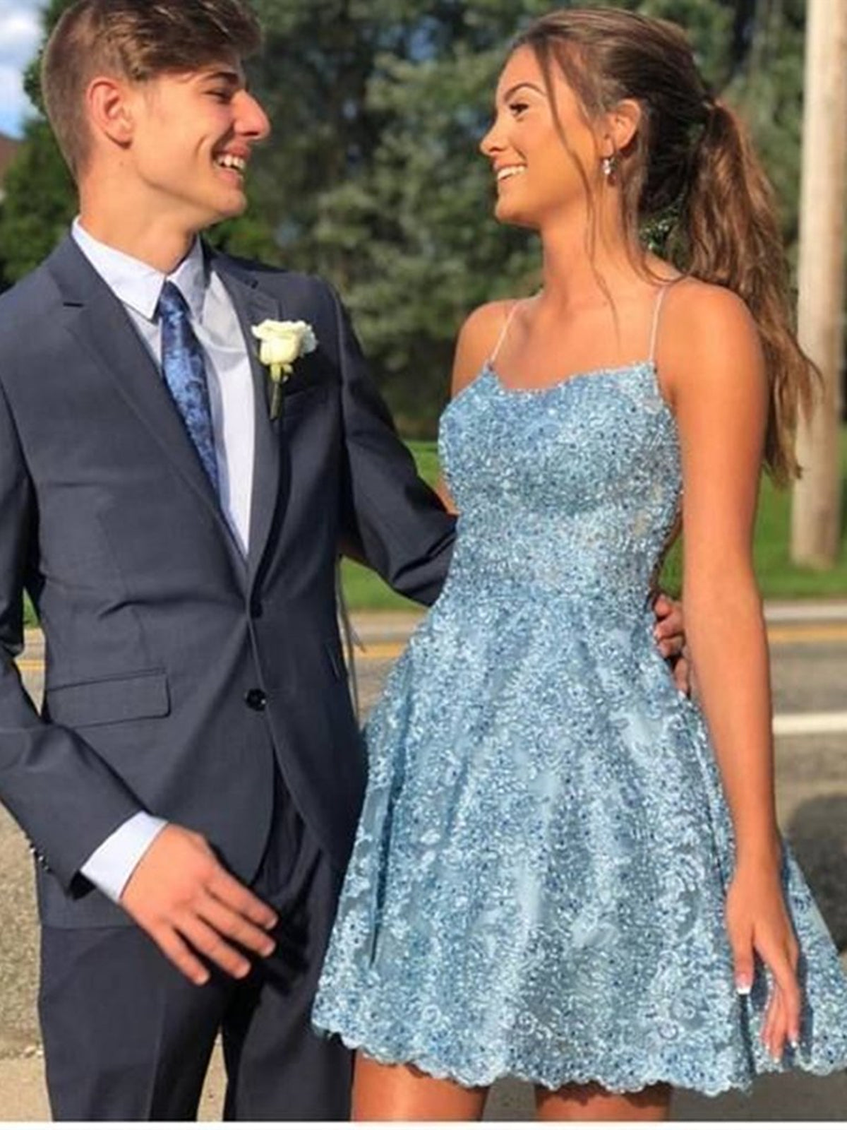Backless Short Blue Lace Prom Dress, Open Back Short Blue Lace Homecoming Graduation Dresses, US 10 / Blue as Pics / No Rush Backless Short Blue Lace Prom Dress, Open Back Short Blue Lace Homecoming Graduation Dresses, US 10 / Blue as Pics / No Rush