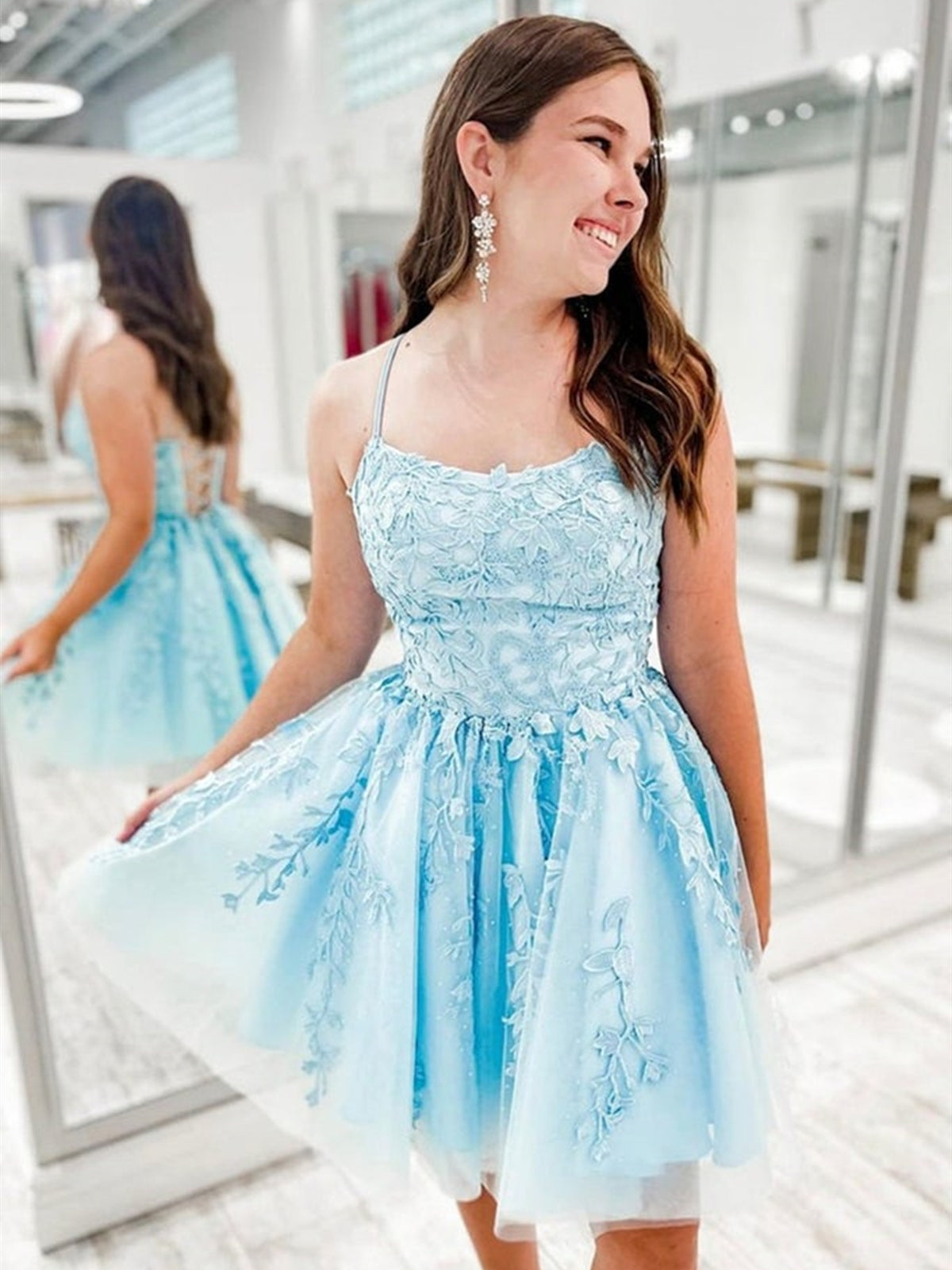 Backless Short Blue Lace Prom Dresses, Open Back Short Blue Lace Formal Homecoming Dresses, US 12 / Custom Color / No Rush Backless Short Blue Lace Prom Dresses, Open Back Short Blue Lace Formal Homecoming Dresses, US 12 / Custom Color / No Rush