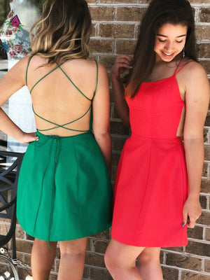 Backless Short Green Red Satin Prom Dresses, Open Back Short Green Red Formal Graduation Dresses