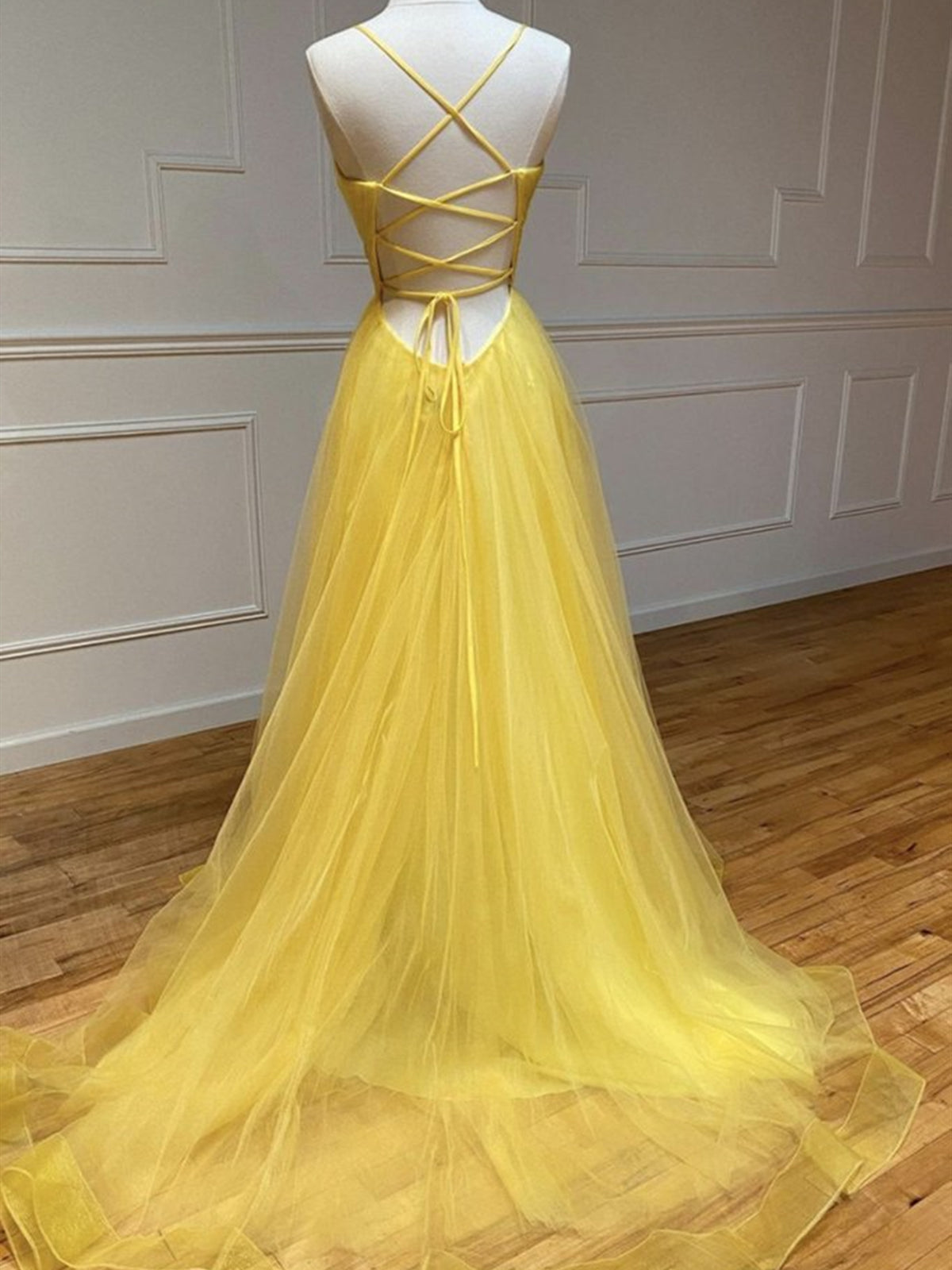 Backless Yellow Tulle Long Formal Evening Dresses, Open Back Yellow Tu - shegown Backless Yellow Tulle Long Formal Evening Dresses, Open Back Yellow Tu - shegown