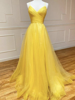 Backless Yellow Tulle Long Formal Evening Dresses, Open Back Yellow Tulle Long Prom Dresses